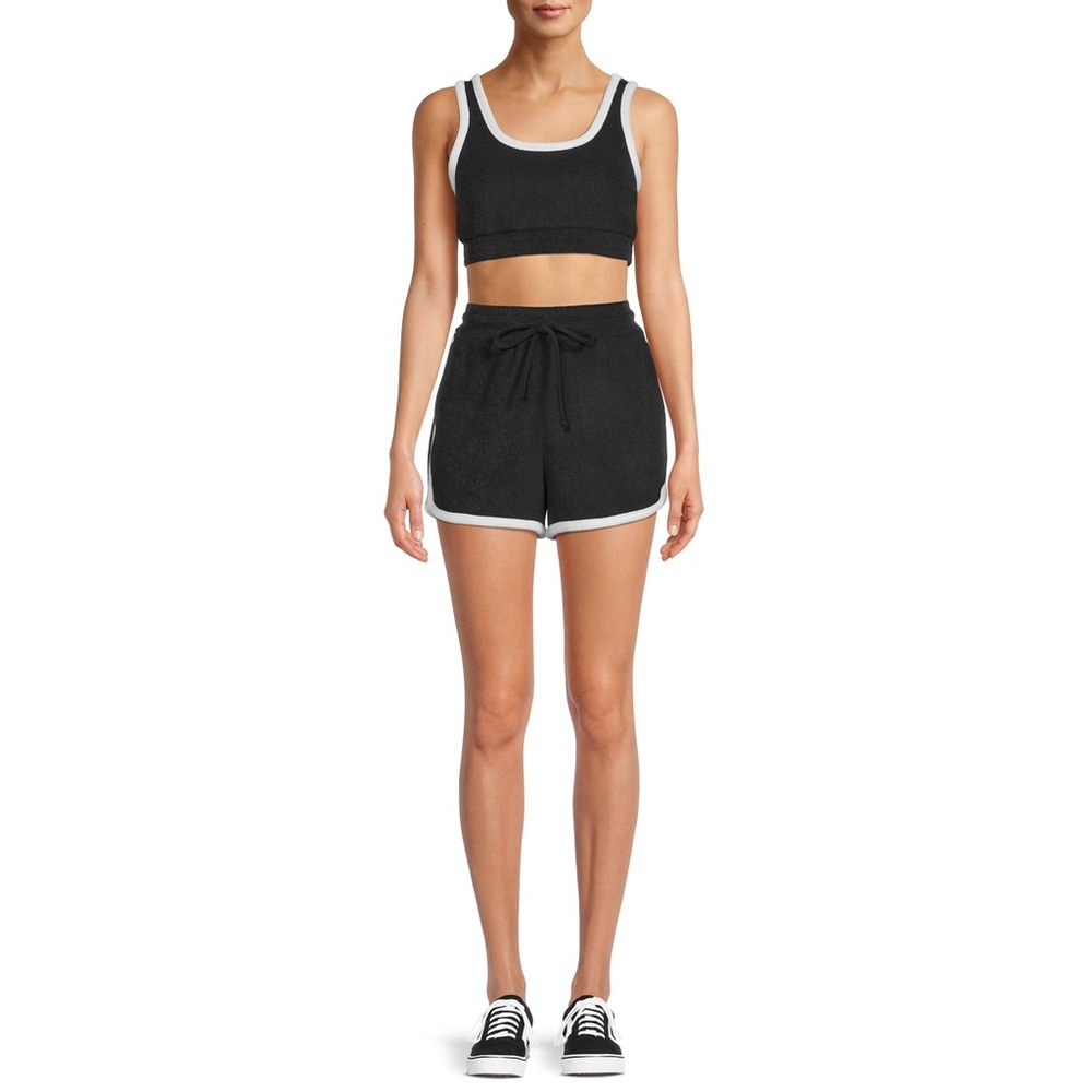No Boundaries Womens Black White Ringer Lounge Set Crop Top Dolphin Shorts M 7-9